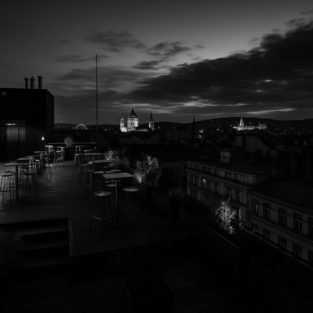 360 Bar Budapest rooftop in black and white with golden lights and panoramic night view of the city skyline.