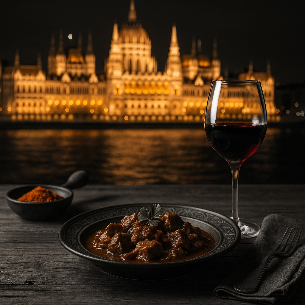 Elegant dining table with Hungarian wine, paprika, and bread overlooking the Parliament of Budapest in black and white tones with warm reflections.