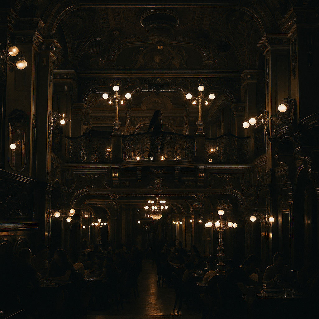 Interior of the New York Café in Budapest with golden lights and ornate baroque architecture in dramatic black and white tones