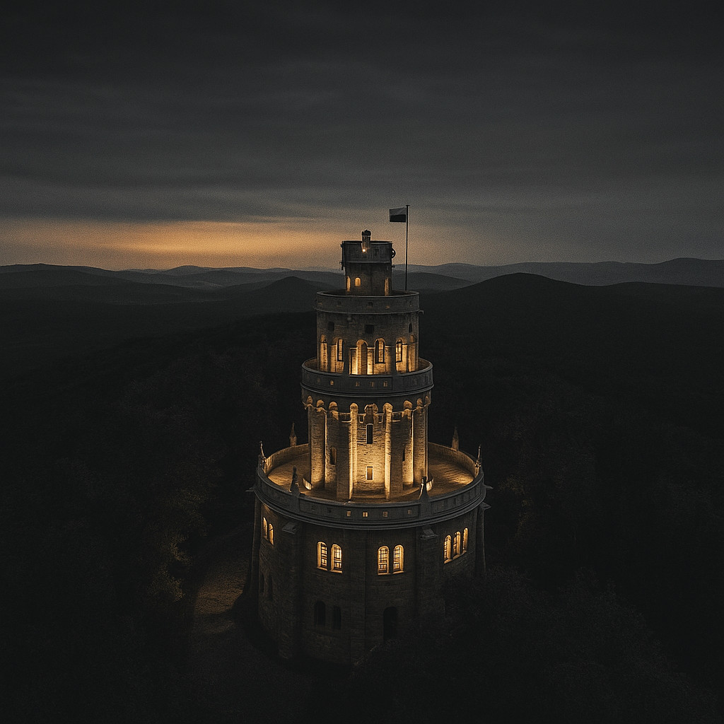 Elizabeth Lookout Tower illuminated at dusk in the Buda Hills, surrounded by dark forests and golden evening light.