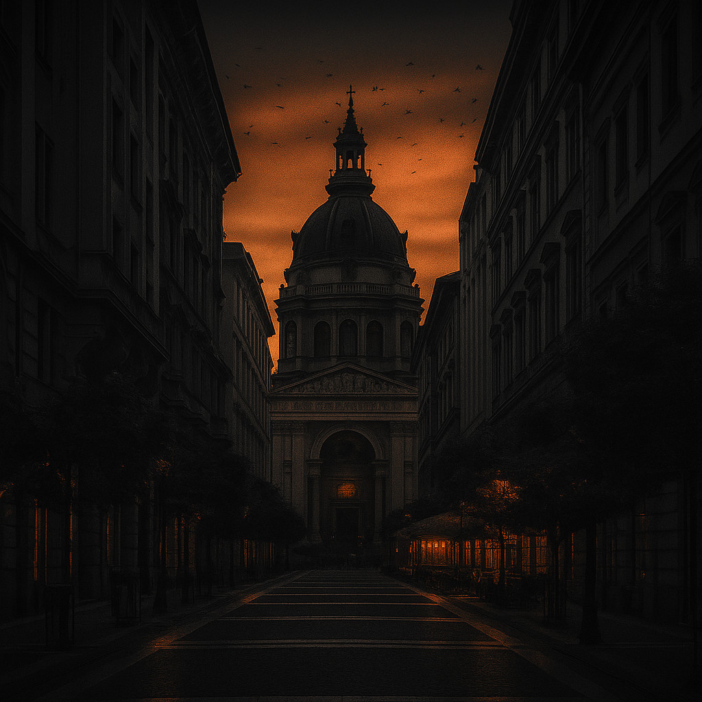 Traveler walking along Budapest at sunset with the Basilica in the background.