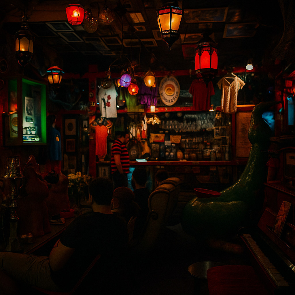 Interior of Szimpla Kert ruin bar in Budapest with dark tones and colorful hanging lights creating a vibrant, artistic atmosphere.
