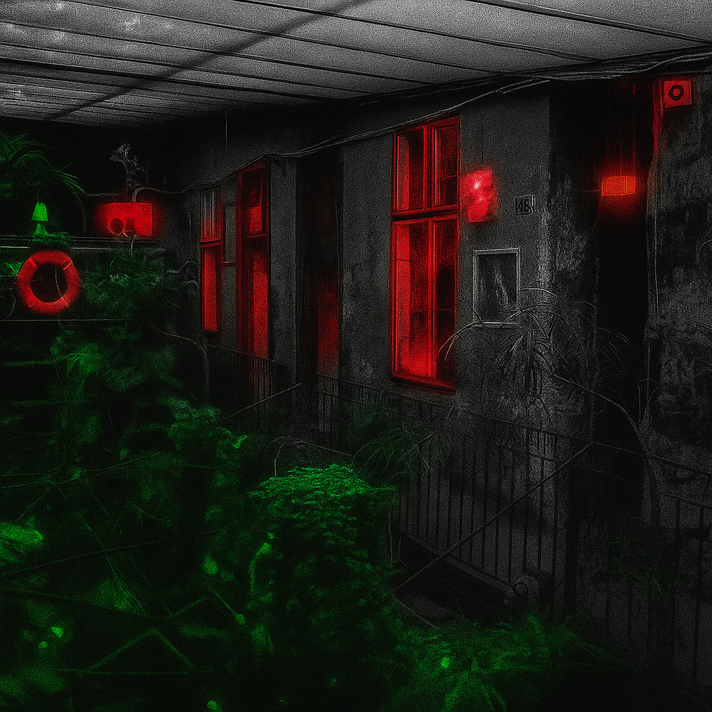 Courtyard of ruin bar in Budapest, shown in black and white with glowing red windows and vibrant green plants under a glass roof.Courtyard of Füge Udvar ruin bar in Budapest, shown in black and white with glowing red windows and vibrant green plants under a glass roof.
