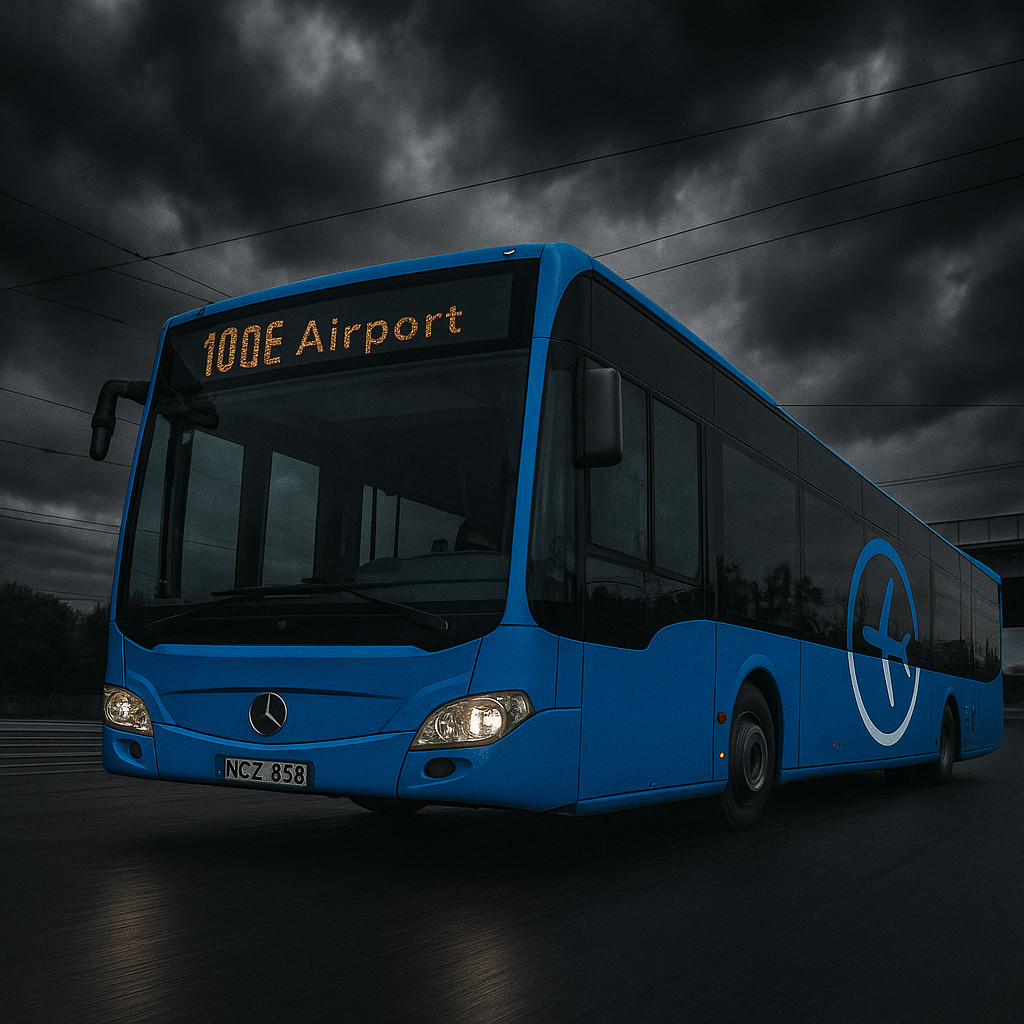 The 100E airport express bus driving toward Deák Ferenc Square in Budapest at sunrise.