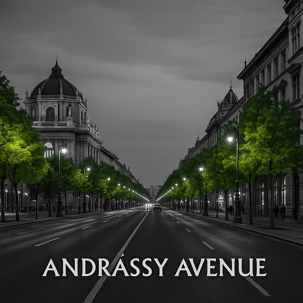 View of Andrássy Avenue Budapest with tree-lined boulevard, Opera House, and historic palaces under golden light.