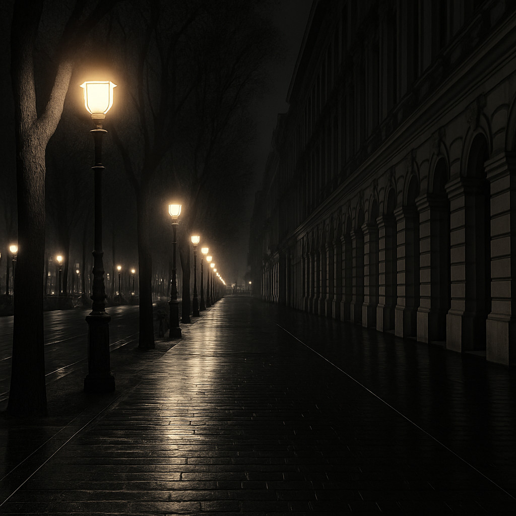 Cinematic desaturated night view of Andrássy Avenue in Budapest with warm streetlights reflecting on wet cobblestones and elegant façades in the dark.