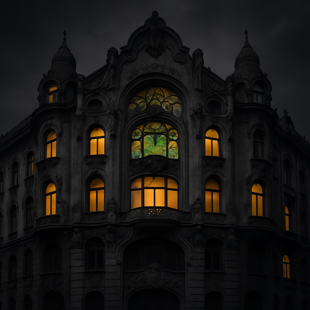 Cinematic black-and-white image of an Art Nouveau building in Budapest, featuring organic curves, decorative façades, stained-glass details, and asymmetrical sculptural forms characteristic of the Secessionist movement.