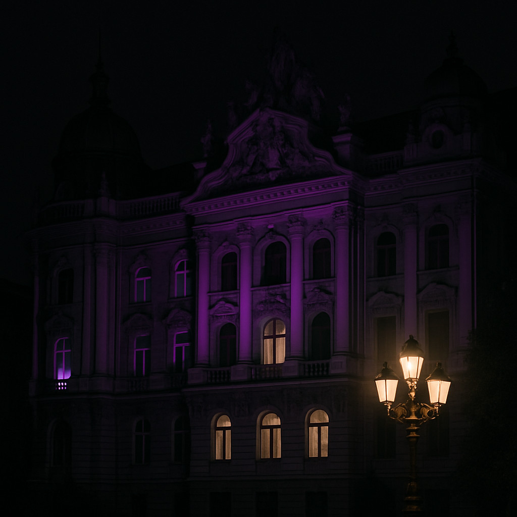 Cinematic black-and-white image of a Baroque and Neo-Baroque building in Budapest, with dramatic lighting highlighting ornate columns, sculptural pediments, and richly decorated façades.