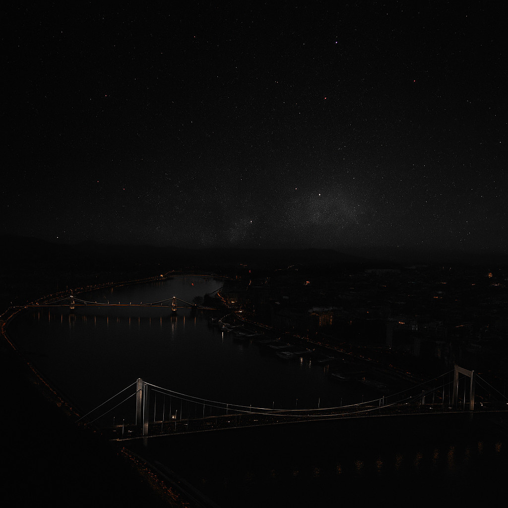 Night view of the Bridges of Budapest from Gellért Hill, with Liberty Bridge glowing white, Chain Bridge in orange light, and Margaret Bridge in yellow, all reflected on the dark Danube under a starry sky with red and purple stars.