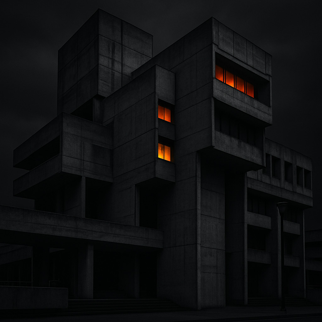 Cinematic black-and-white image of a Brutalist concrete building with massive geometric forms, exposed structural elements, and glowing windows highlighting its monumental socialist-era design.