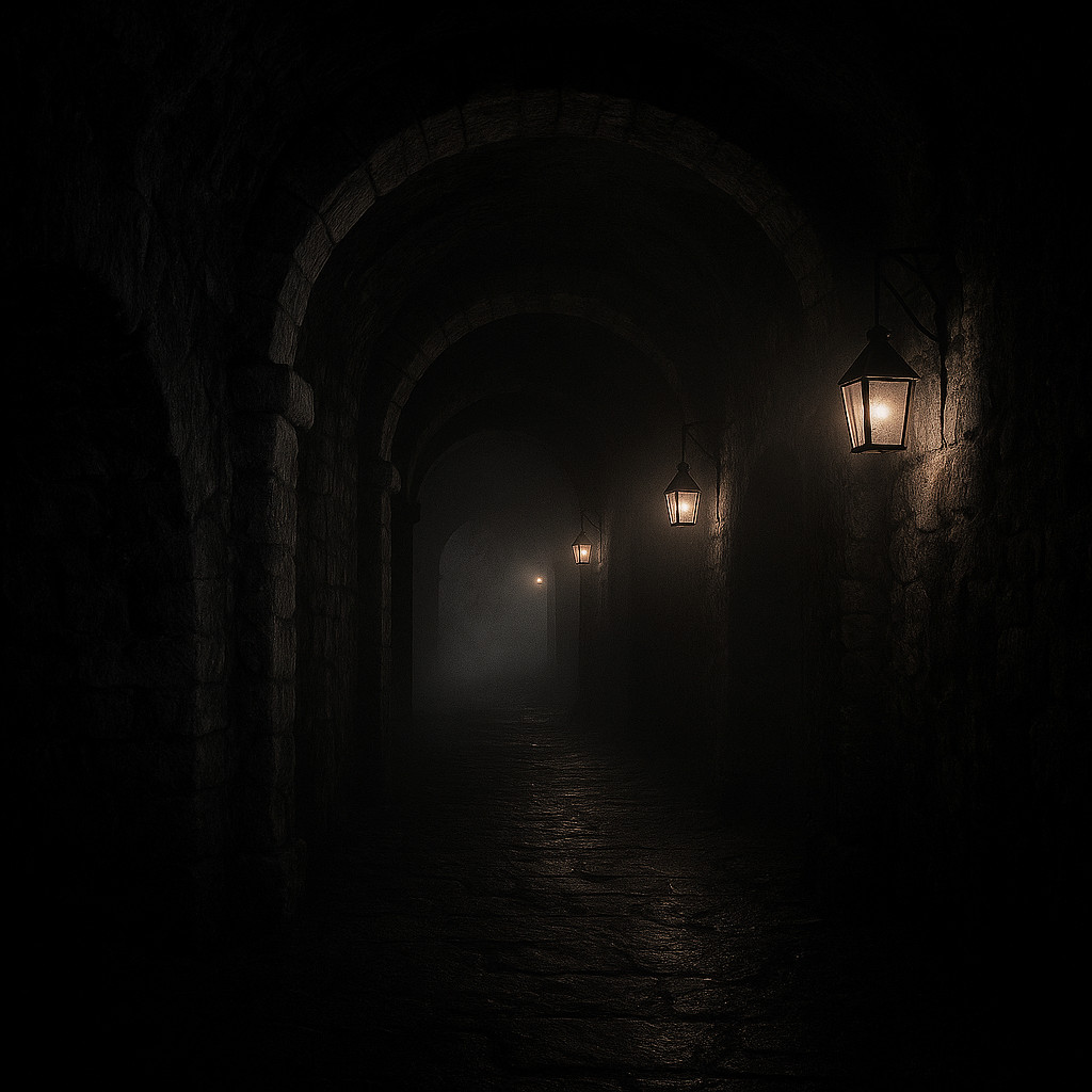 Dark underground tunnel of the Buda Castle Labyrinth illuminated by lanterns, with mist and stone arches under Castle Hill.