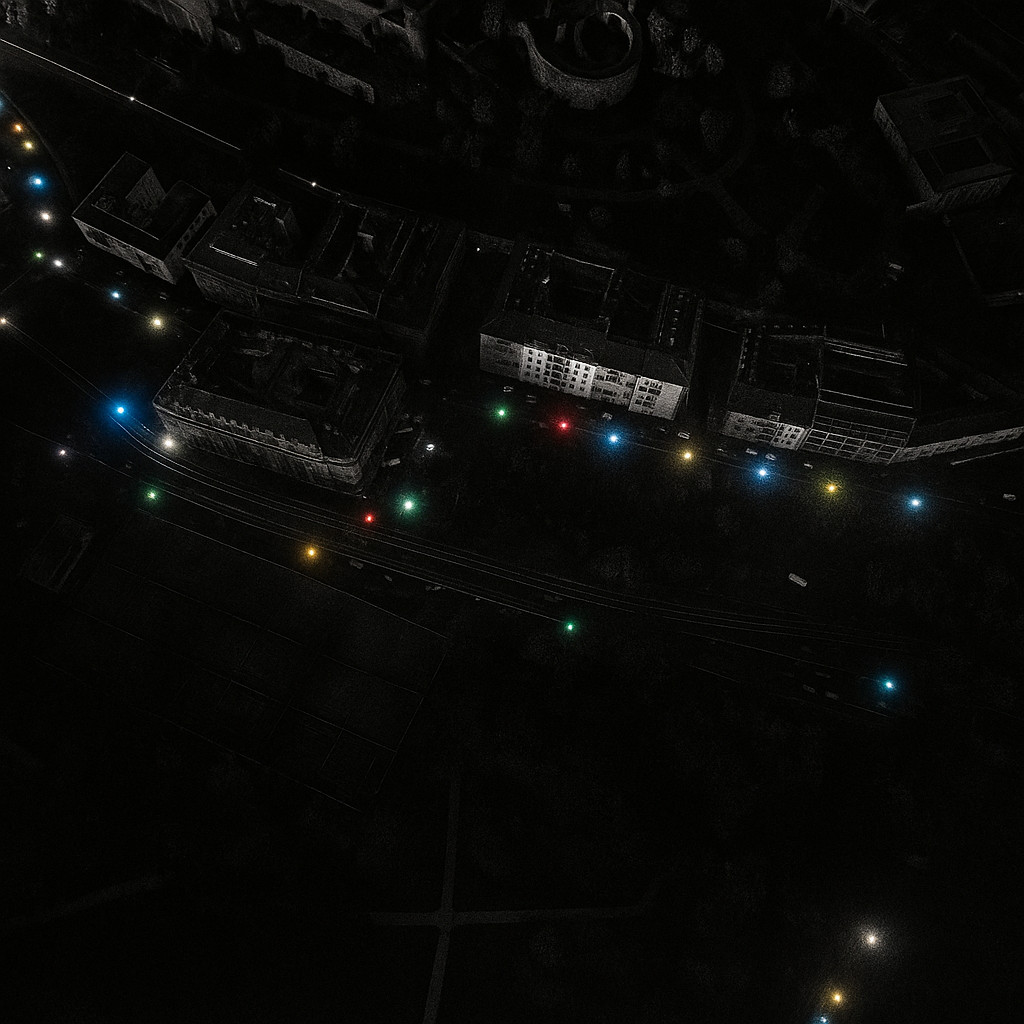 Cinematic aerial night photograph of Buda Castle and surrounding streets in Budapest, desaturated grey tones with warm golden lights illuminating the scene.