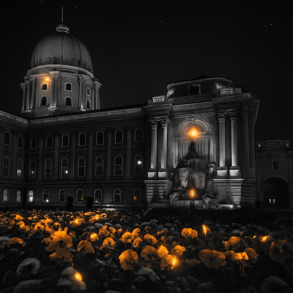 Cinematic black and white night view of Buda Castle with glowing golden lights on windows and flowers under a dark starry sky.