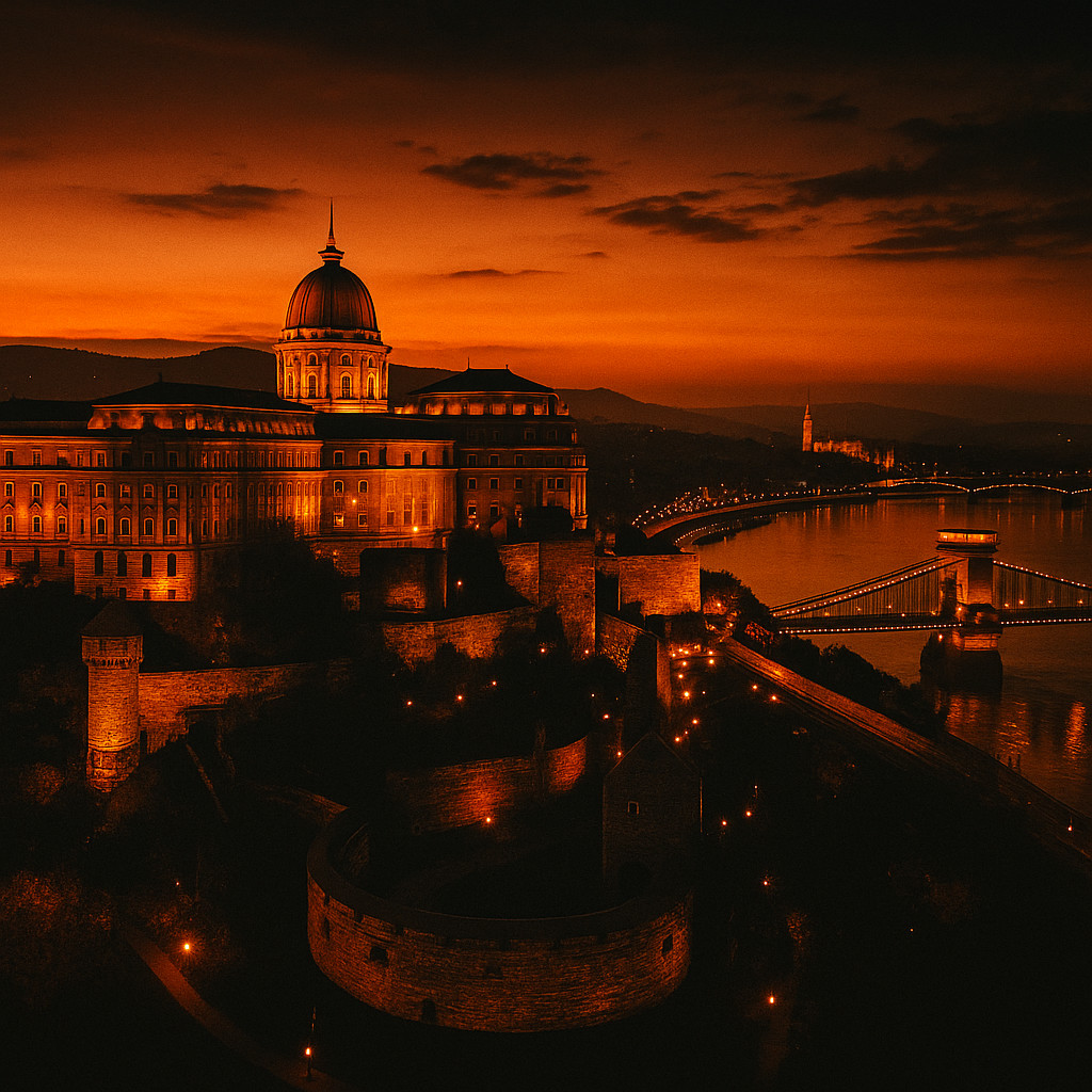 Night view of Buda Castle in Budapest illuminated with golden lights, overlooking the Danube and Chain Bridge under a dramatic orange sky.