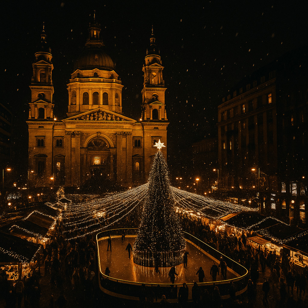 Night view of Budapest Christmas Market with Basilica and ice rink glowing under festive lights.