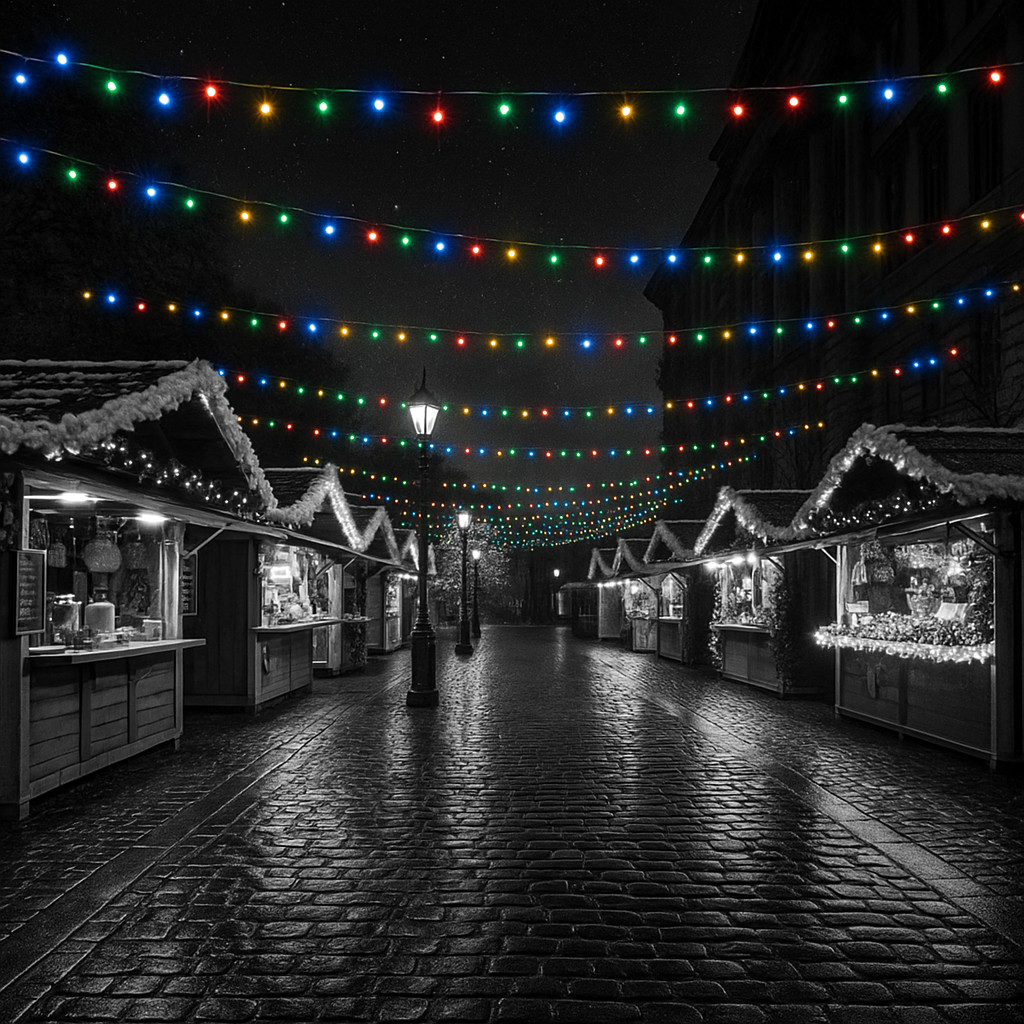 Cinematic black and white night view of a Budapest Christmas market with vivid red, green, blue, and yellow lights glowing above empty festive stalls.