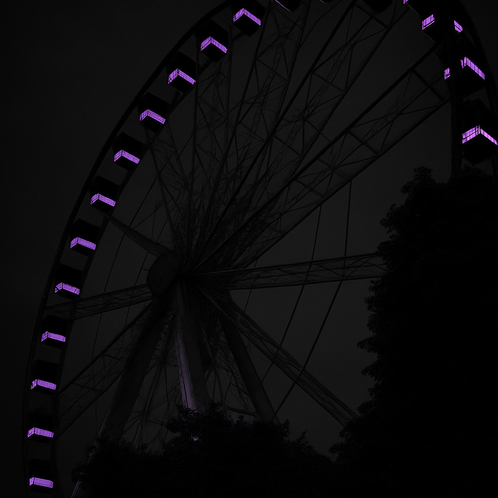 Budapest Eye Ferris wheel at night in Elizabeth Square Budapest, desaturated tones with vivid ultraviolet lights glowing on the cabins against the dark sky.