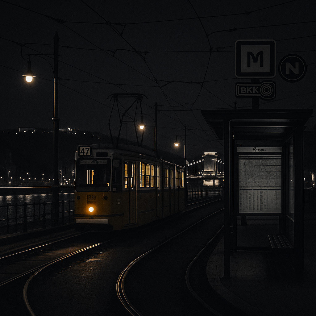 Cinematic night view of a Budapest tram crossing near Chain Bridge in desaturated tones with warm yellow lights glowing along the Danube.