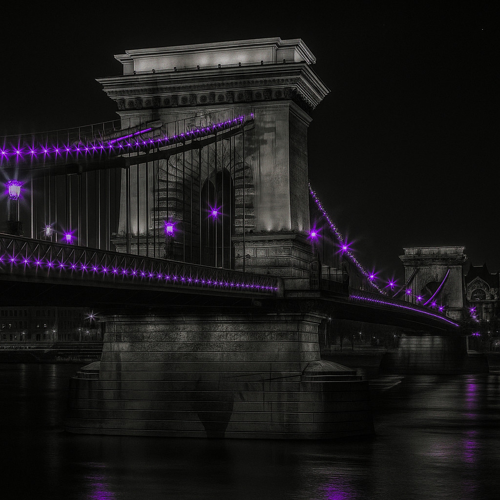 Square black and white night view of the Chain Bridge Budapest with ultraviolet lights along its structure and glowing palace windows in the background.