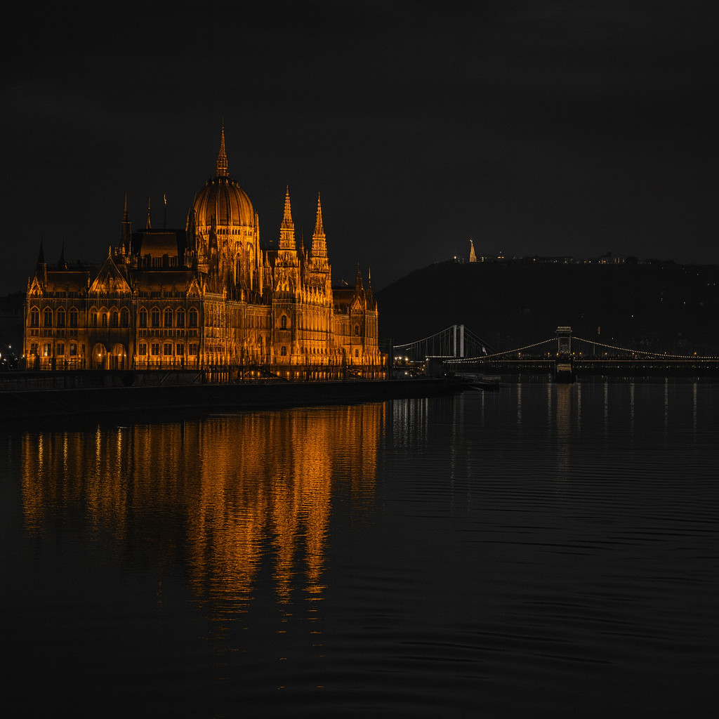 Cinematic black-and-white image of the Hungarian Parliament Building illuminated at night, reflected on the Danube River with the Chain Bridge and Gellért Hill in the background.