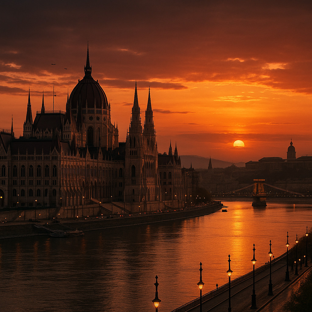 udapest Parliament at sunset reflecting over the Danube River