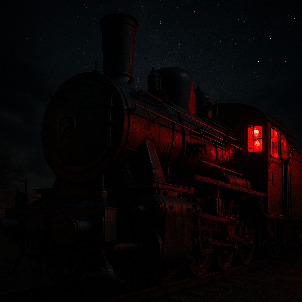 Nighttime hyperrealistic image of an old steam locomotive with red light glowing through its windows, surrounded by darkness and mist.