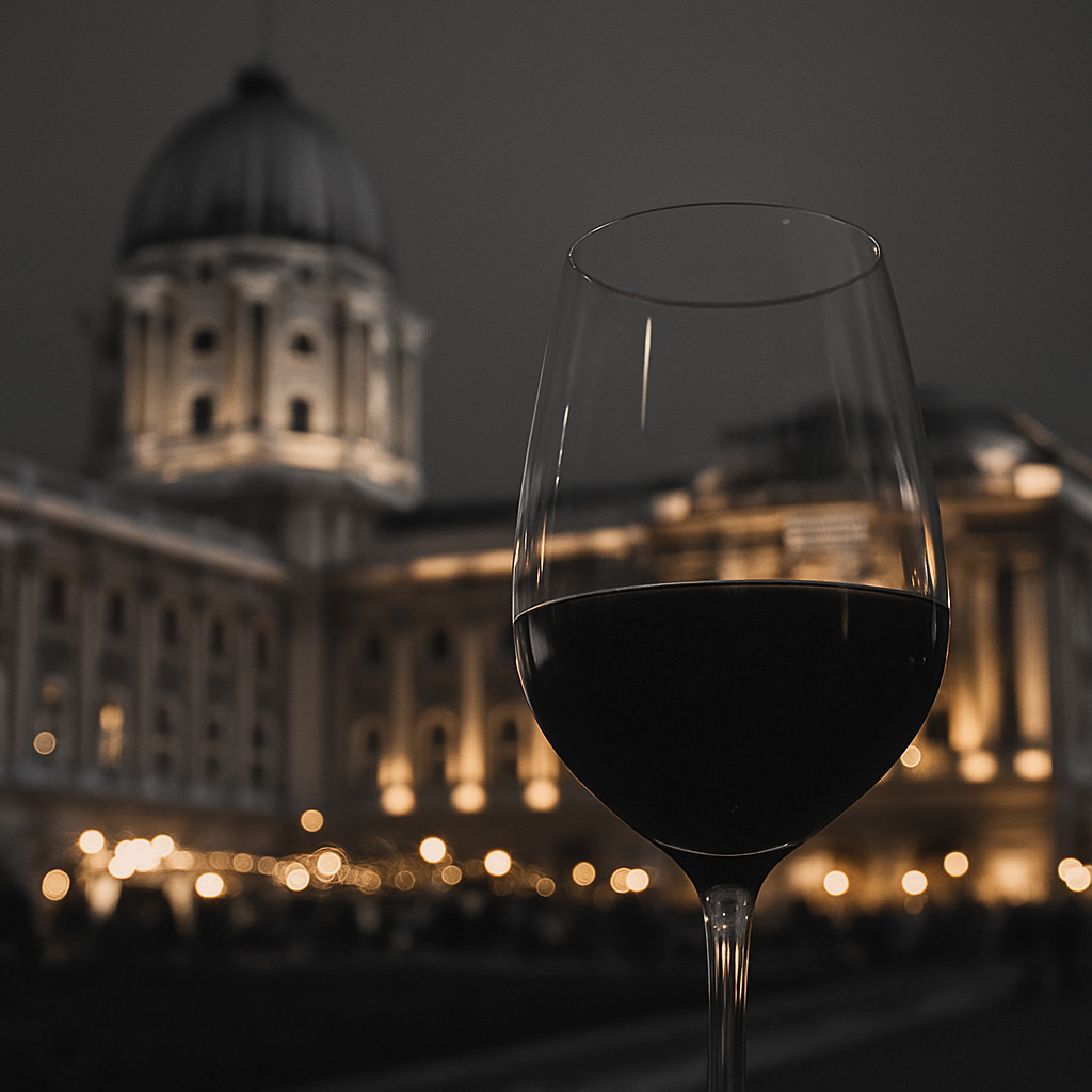 Cinematic desaturated photograph of a wine glass at Buda Castle with soft golden lights glowing in the background during the Budapest Wine Festival.