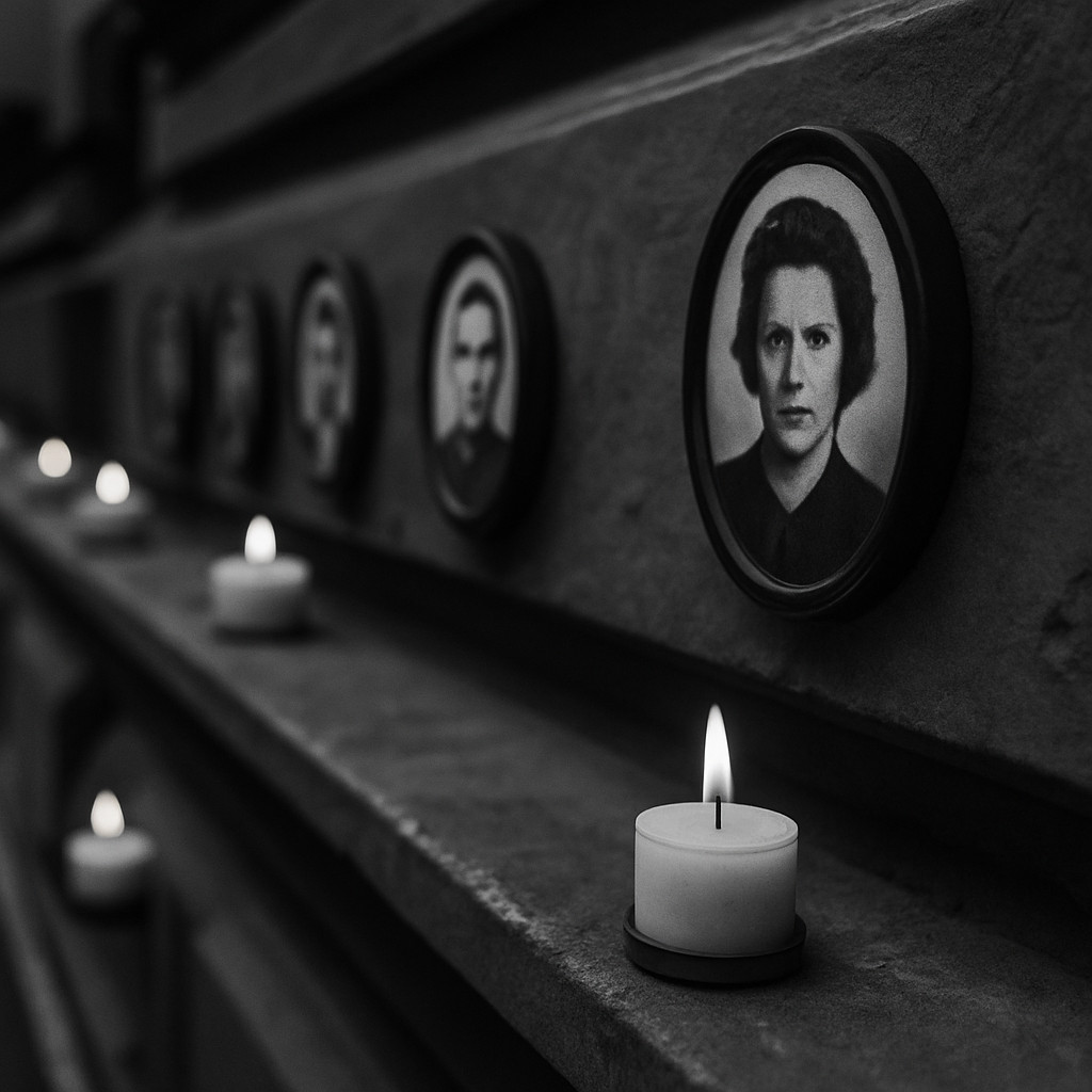 Night view of the House of Terror Budapest memorial wall illuminated by worn candles, casting soft light on the victims’ portraits.