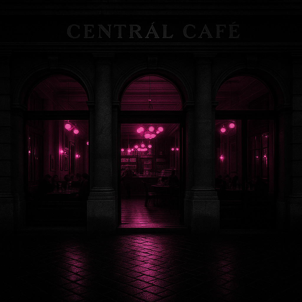 Interior of Centrál Café Budapest in black and gray tones with soft pink lights glowing above marble tables and golden mirrors, capturing the café’s historic and elegant atmosphere.