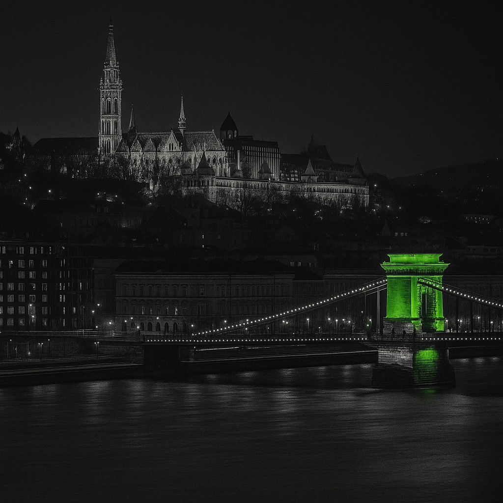 Cinematic night view of Budapest in black and grey tones, with the Chain Bridge glowing green beneath Buda Castle and Matthias Church.