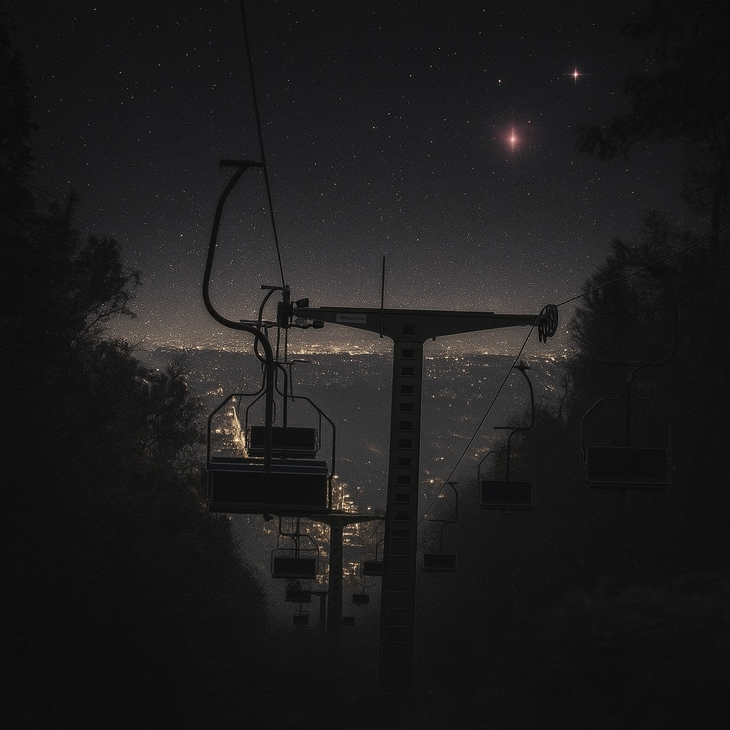 Nighttime view of the chairlift descending from Normafa Viewpoint Budapest, with the city glowing below and a starry black sky above.