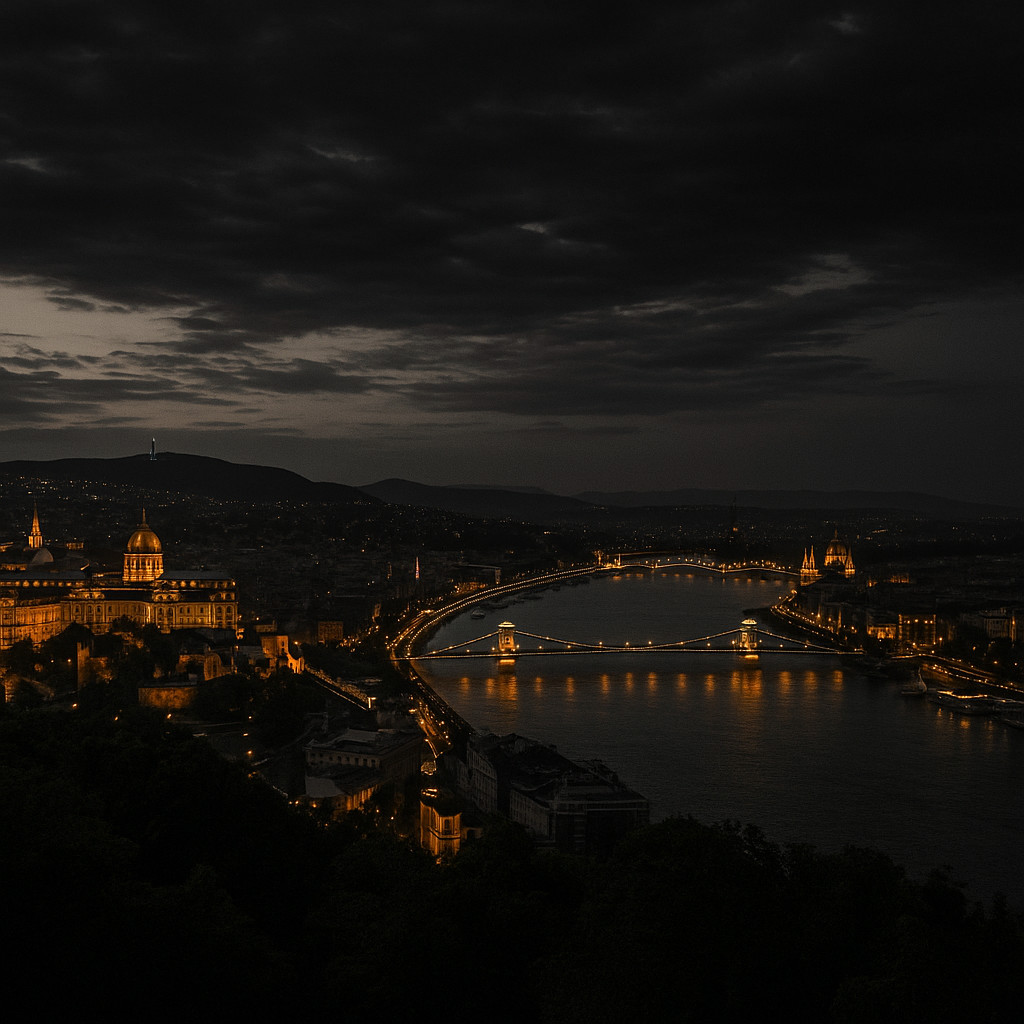 Citadella Budapest in black and white with golden lights reflecting on the Danube River and Liberty Statue glowing above the city.