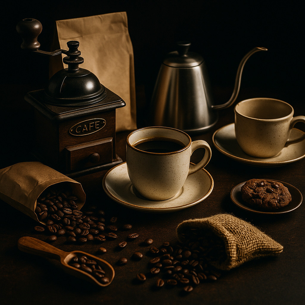 Cinematic still-life photo of coffee and café culture gifts, featuring mugs, a vintage grinder, coffee beans, and brewing accessories in warm dramatic lighting.