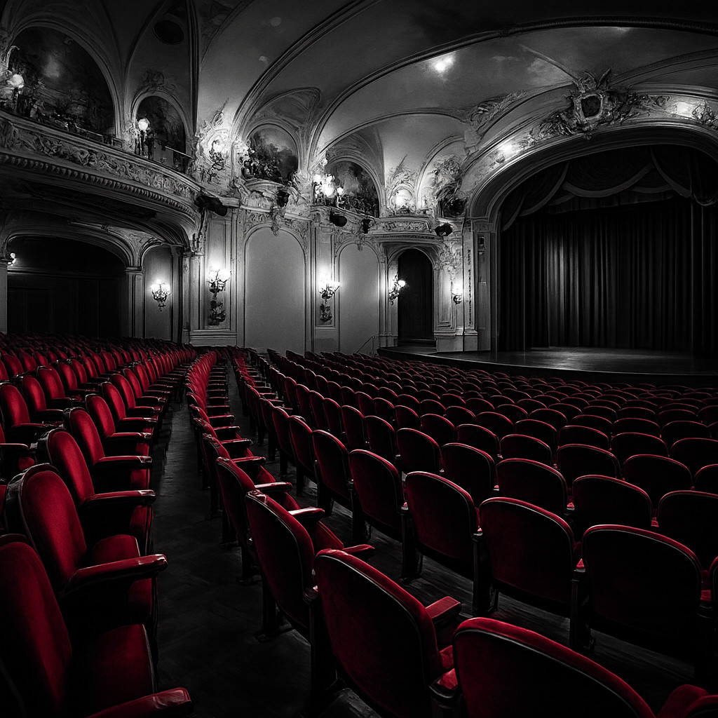 Black-and-white cinematic photograph of the Danube Palace theater in Budapest, featuring rows of red velvet seats and ornate baroque architecture illuminated by soft stage lights.