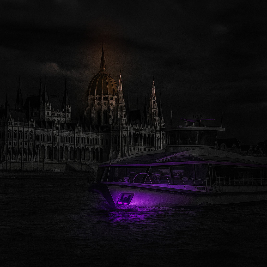 Night view of the Danube River in Budapest with Parliament and bridges illuminated in golden light.