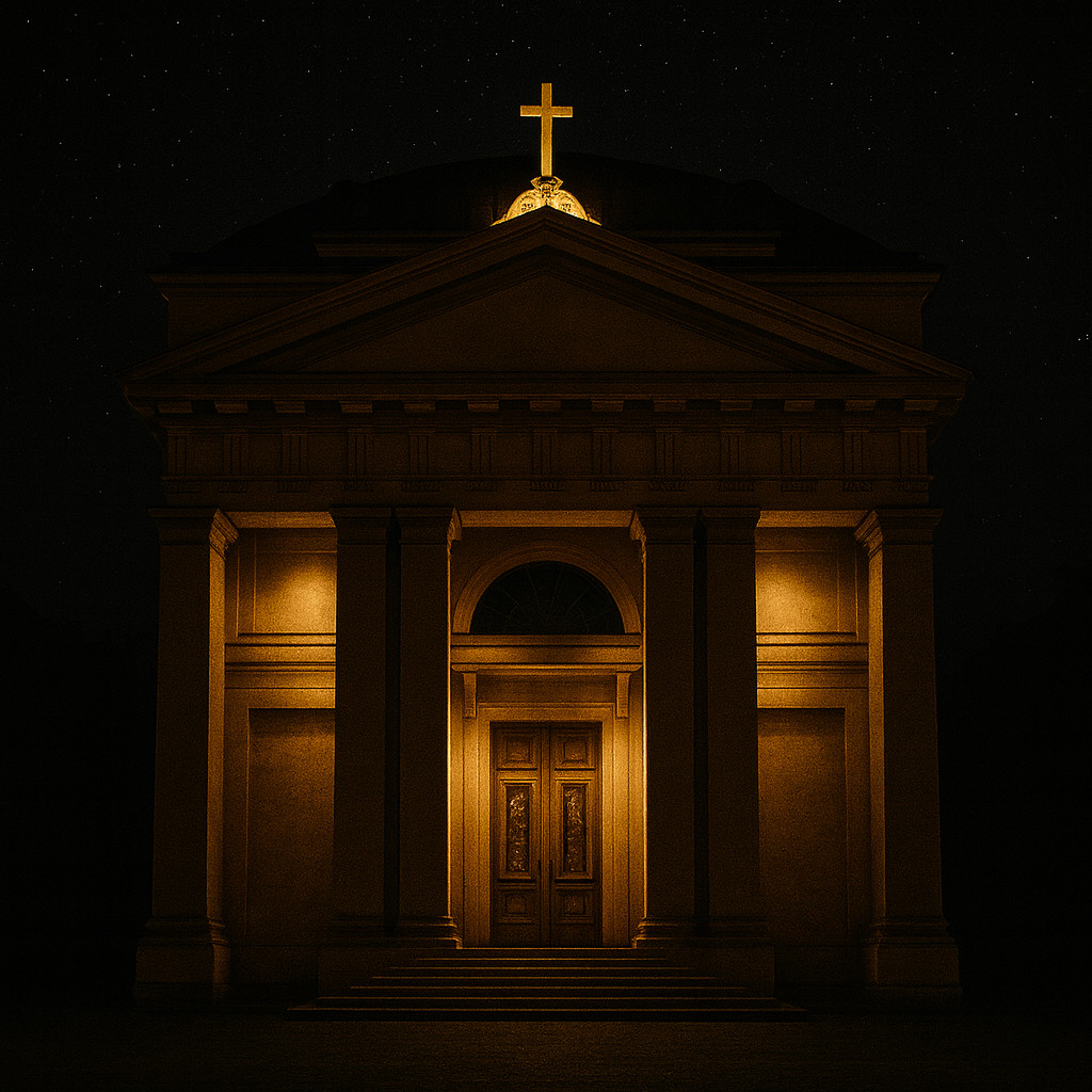 Cinematic nighttime photo of the neoclassical church at Deak Ferenc Square in Budapest, illuminated with warm golden light under a starry sky, with no people and dramatic shadows.