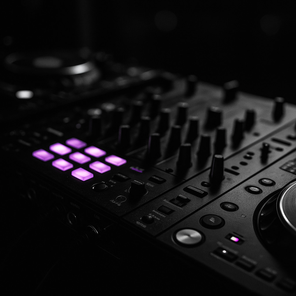 Close-up of a DJ console in Budapest illuminated with purple lights, symbolizing the city’s vibrant electronic music scene.