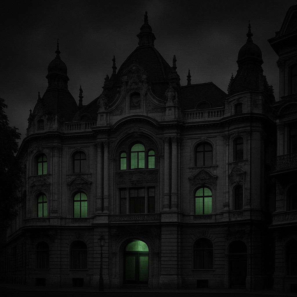 Cinematic black-and-white image of an eclectic historic building in Budapest, featuring a blend of Baroque, Renaissance, and Neo-Gothic elements visible in its sculpted façade, arched windows, and ornamental roofline.
