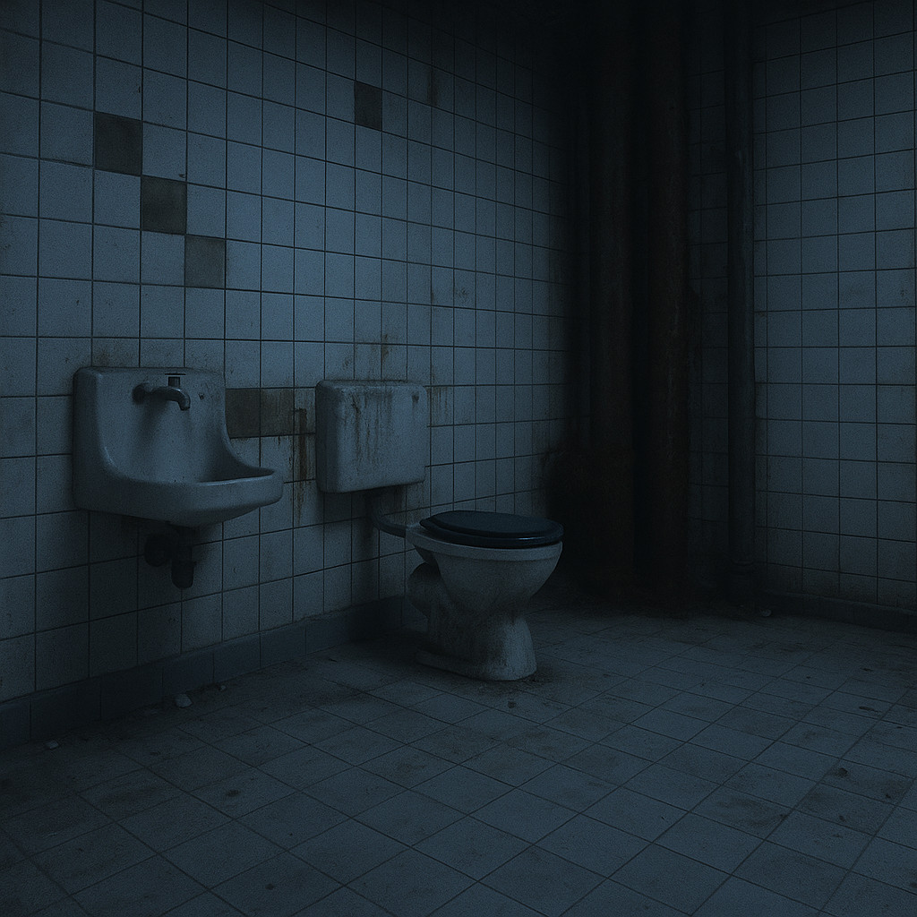 Realistic cinematic photograph of an old tiled escape room in Budapest, desaturated blue-grey tones, no people, eerie and authentic atmosphere.