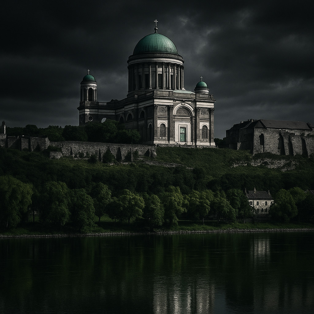Esztergom Hungary Basilica in black and white tones with green trees and the Danube River below.