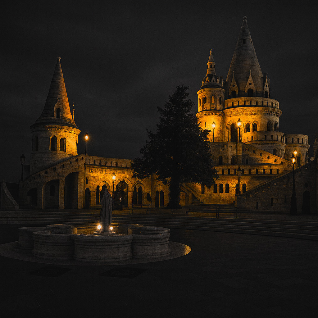 Cinematic black-and-white image of Fisherman’s Bastion in Budapest illuminated at night, with its iconic turrets, arches, and panoramic terraces glowing in warm light.