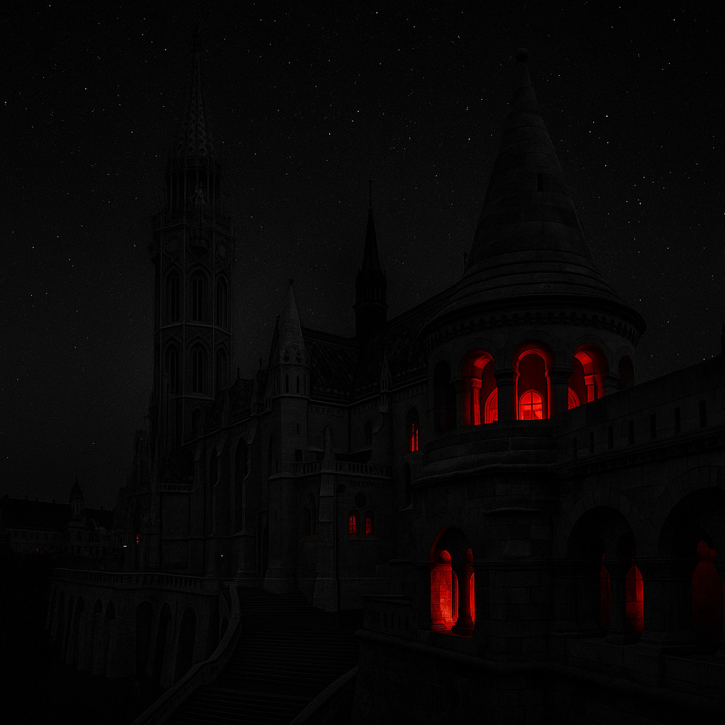 Night view of Fisherman’s Bastion Budapest and Matthias Church in dark gray tones, with deep red lights glowing from the windows and a black starry sky above the Danube.