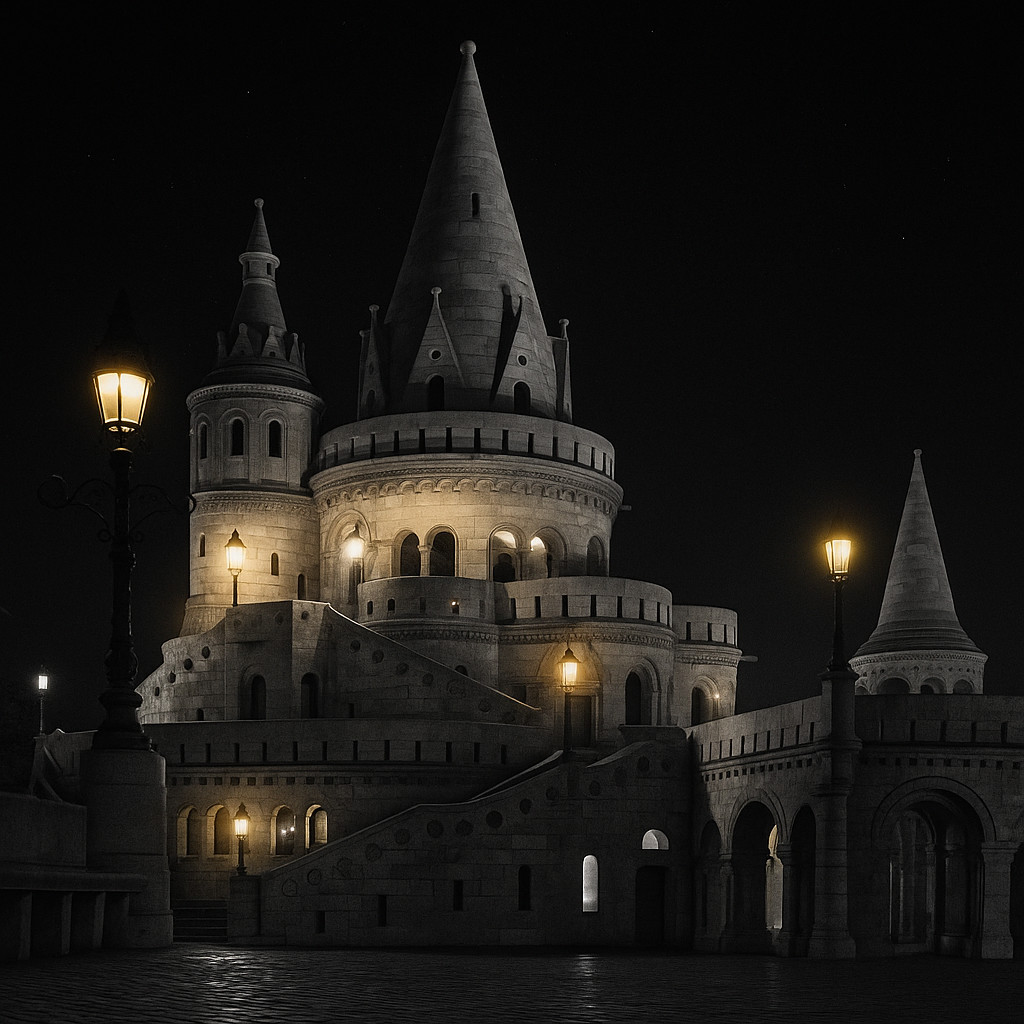 Cinematic black and white night photograph of Fisherman’s Bastion in Budapest with warm golden lights glowing through its arches and towers.