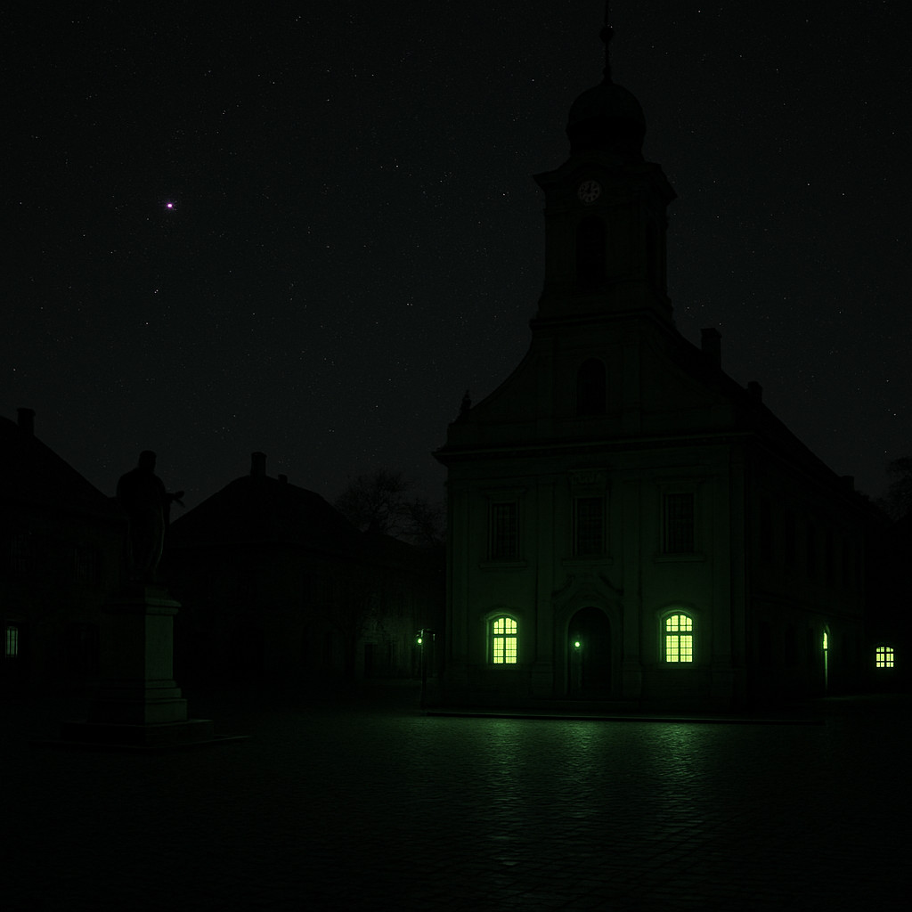 Night view of Fő tér Óbuda Budapest with Baroque buildings and windows glowing in soft grass-green light under a starry sky.