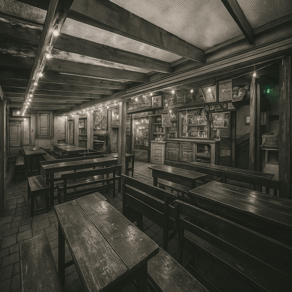 Night view of Füge Udvar Budapest, a ruin bar courtyard glowing with warm orange lights, people chatting under string bulbs in a rustic setting.