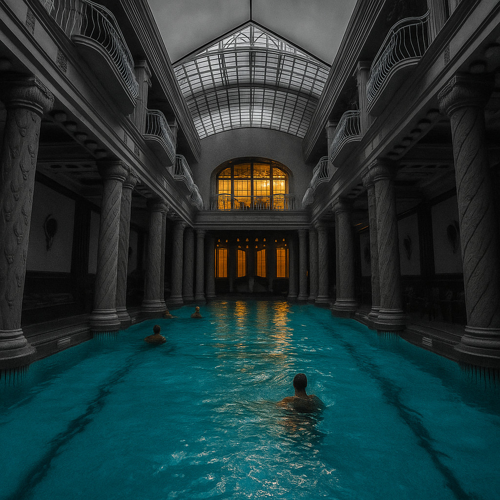 The Art Nouveau interior of Gellért Thermal Bath Budapest with turquoise water, glowing golden windows, and ornate columns under a glass ceiling.