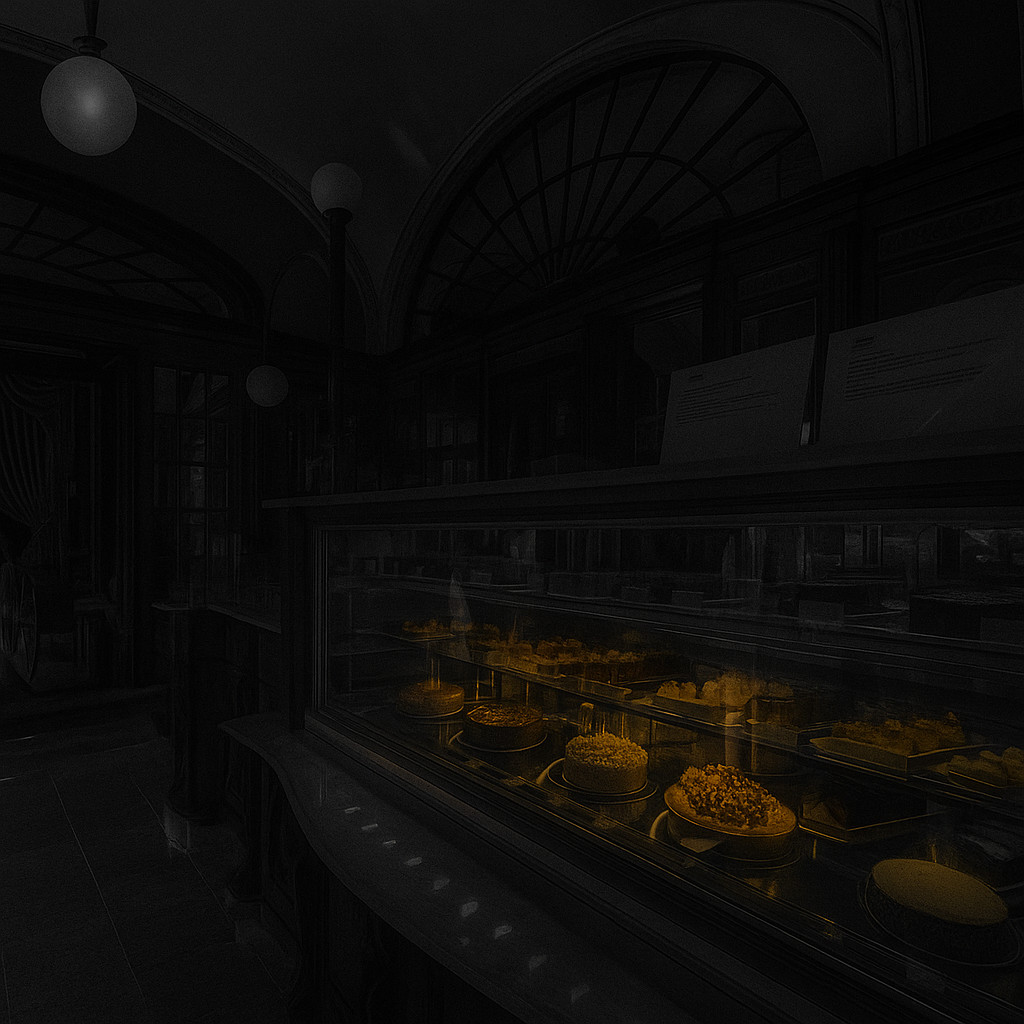 Desaturated interior of Gerbeaud Café Budapest with vintage decor and a pastry counter glowing in warm yellow light, creating an elegant nostalgic atmosphere.