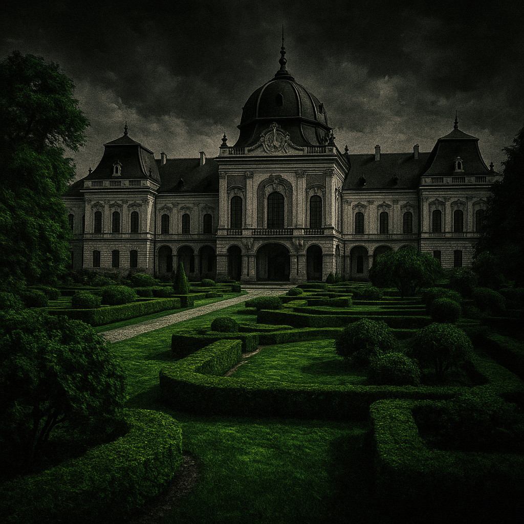 Gödöllő Hungary Royal Palace of Elisabeth in black and white tones with green gardens and Baroque architecture.