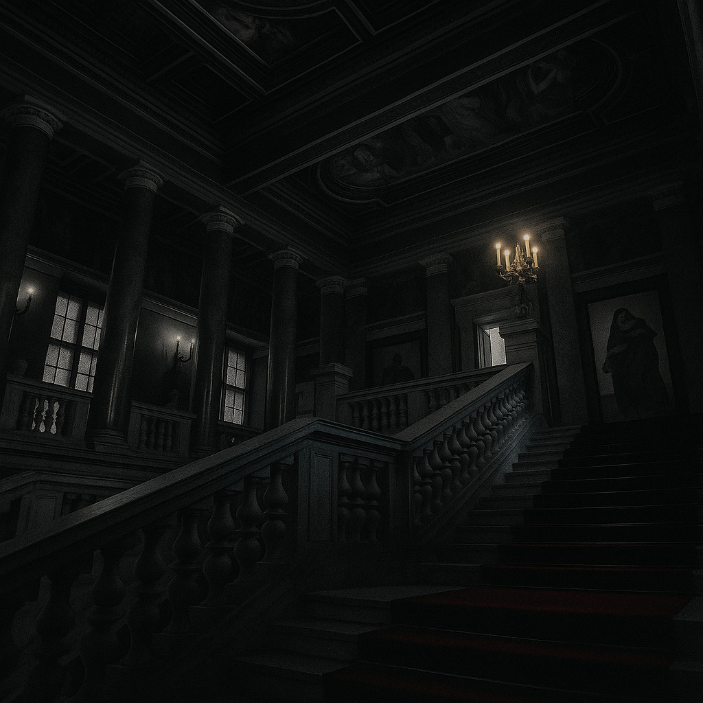 Dark desaturated interior of the Hungarian National Museum Budapest with warm chandelier lights and a vivid red carpet on the marble staircase.