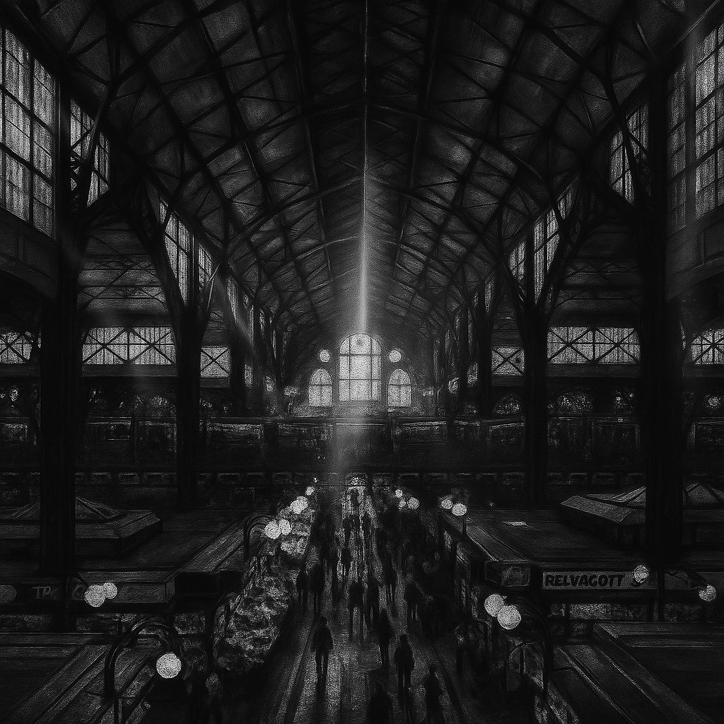 Interior view of Great Market Hall Budapest with colorful food stalls, paprika strings, and tourists exploring the aisles.